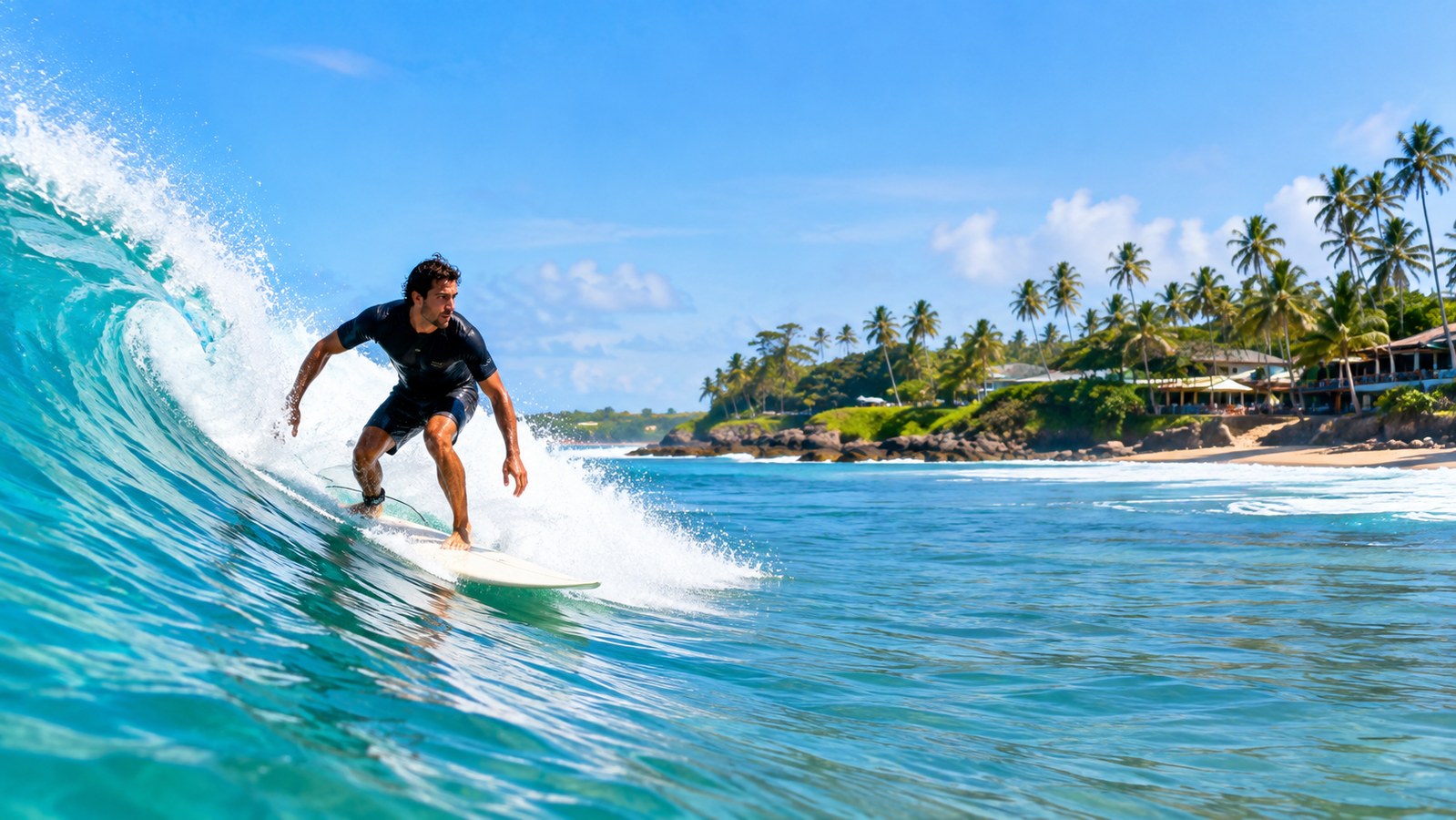 Surfer riding a wave at Hiriketiya Beach, Sri Lanka
